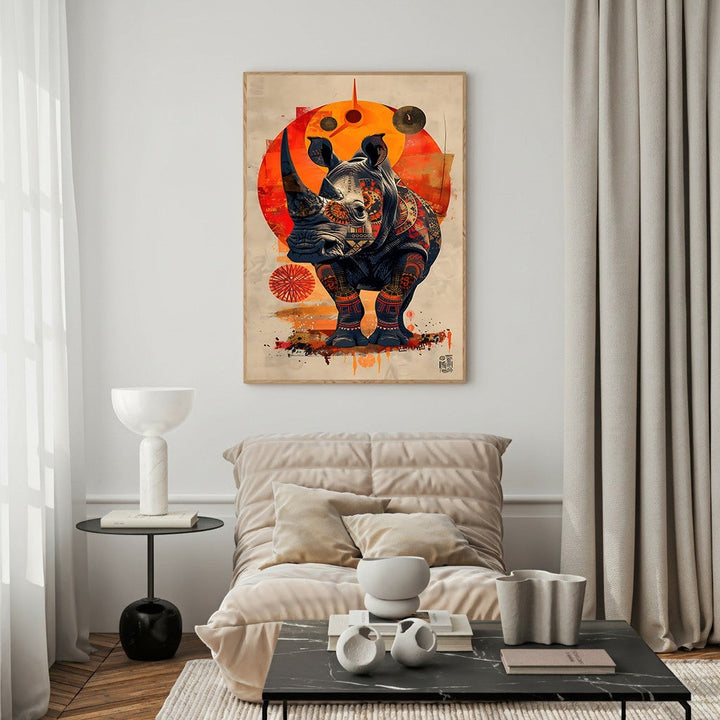 Wadi Home Tribal Rhino Wall Art featuring a stylized rhino with intricate tribal patterns in warm earthy tones, framed in a light wood frame.