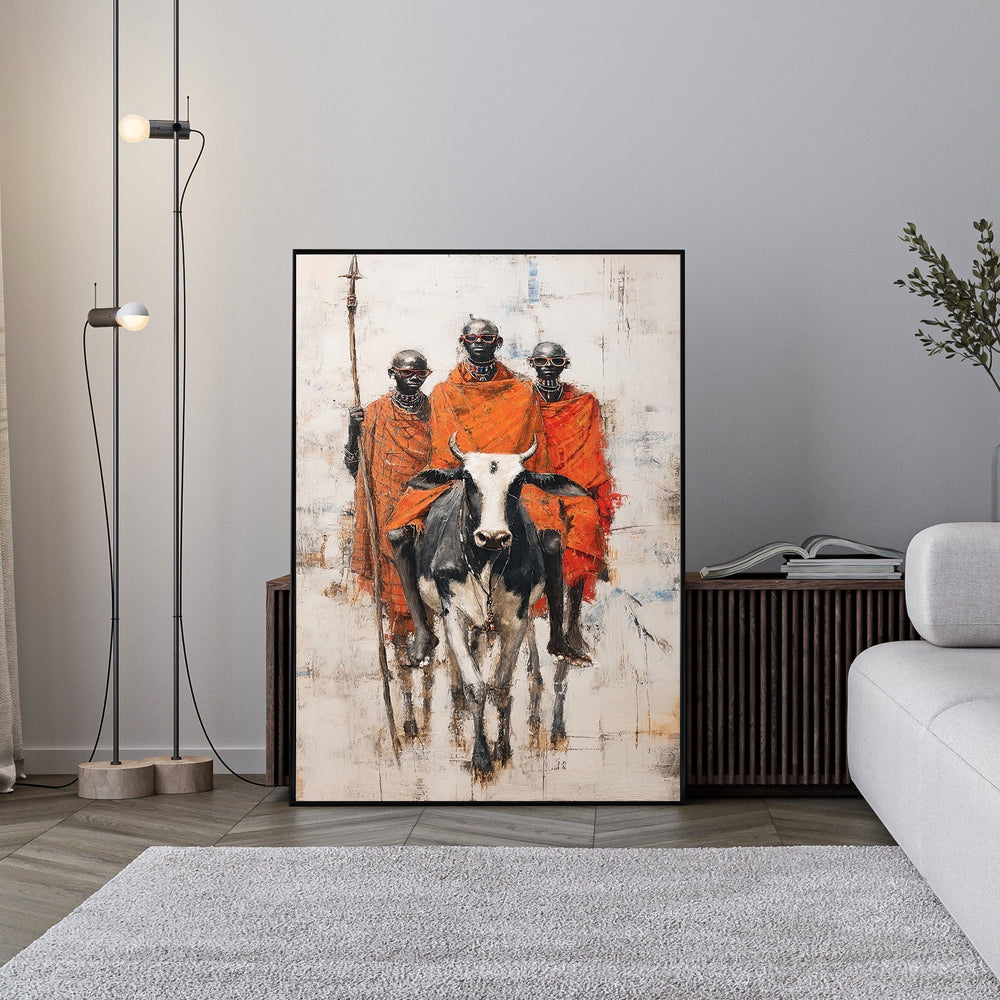 Wadi Home tribal warriors in orange robes with a cow, abstract textured background, cultural savanna art.