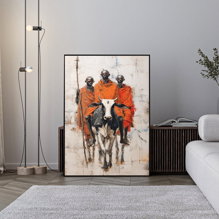 Wadi Home tribal warriors in orange robes with a cow, abstract textured background, cultural savanna art.