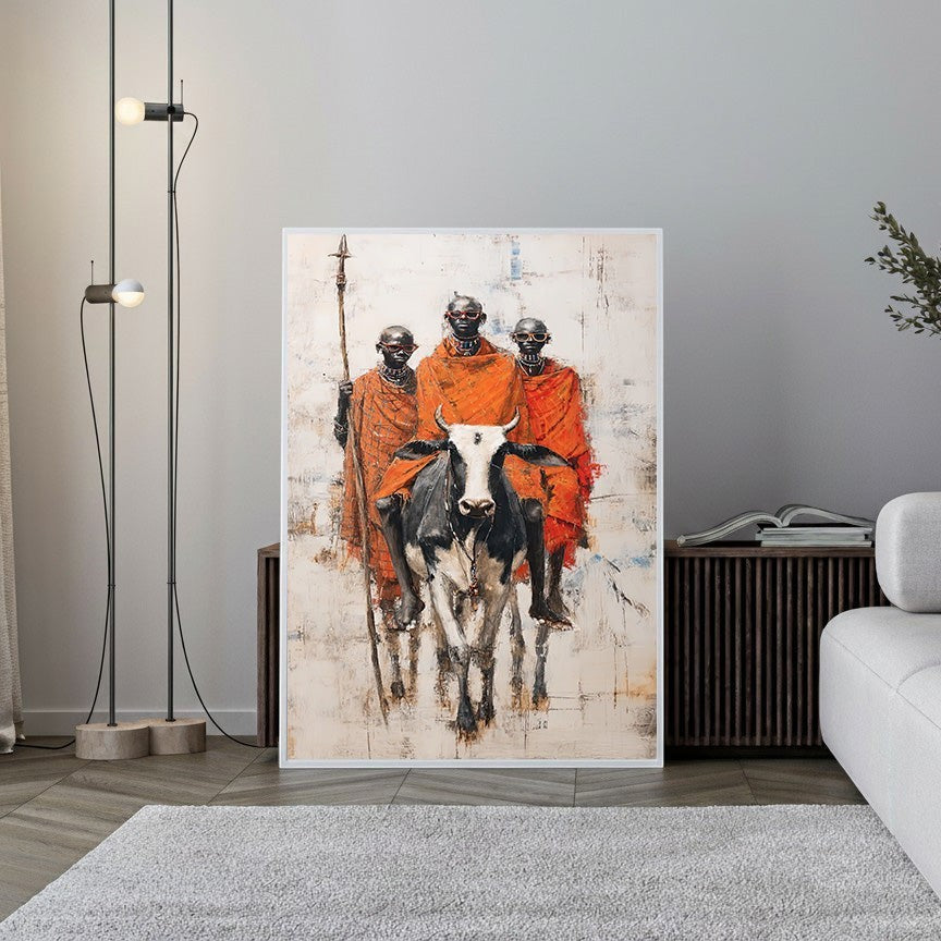 Wadi Home tribal warriors in orange robes with a cow, abstract textured background.