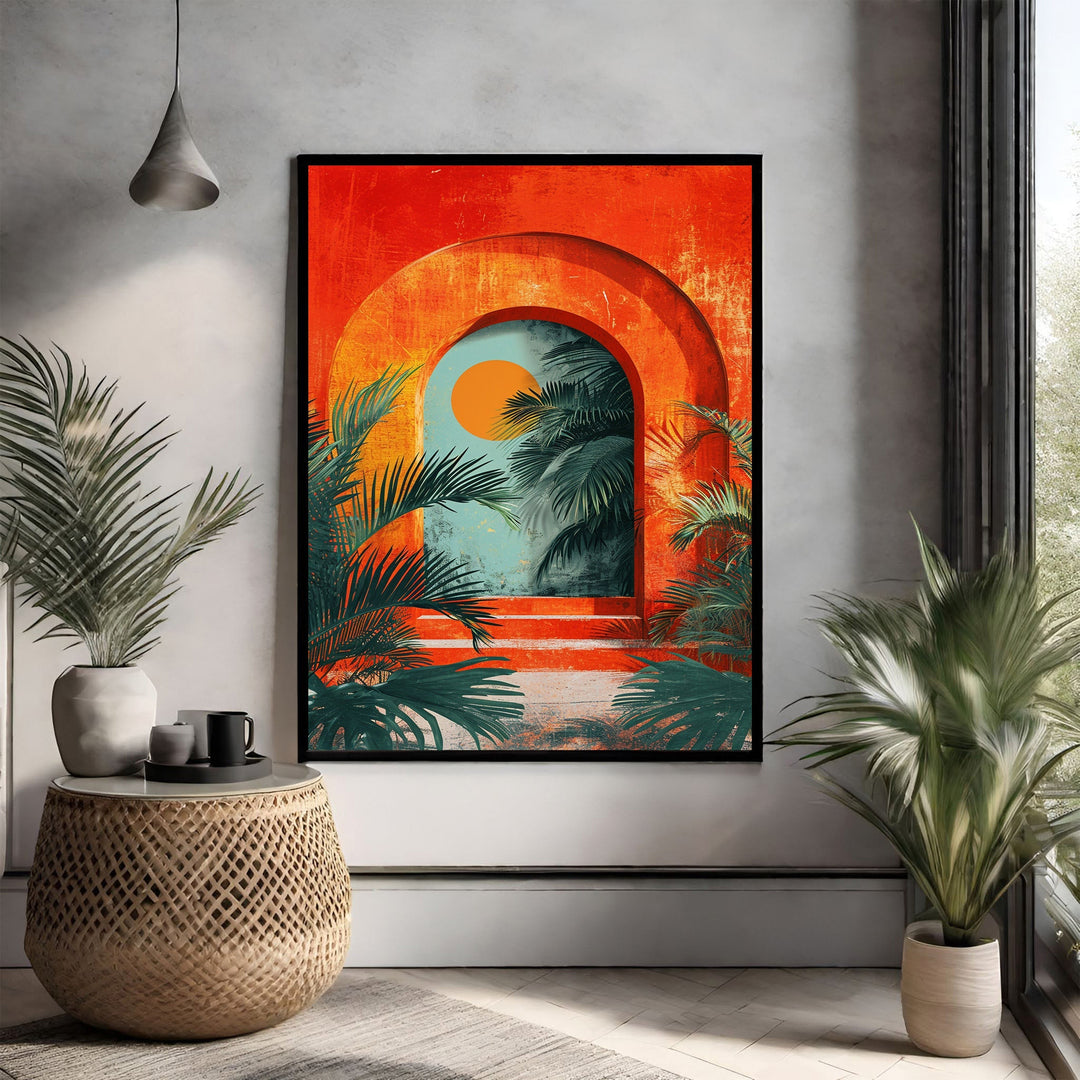 Wadi Home framed tropical archway art print with palm fronds and a setting sun.
