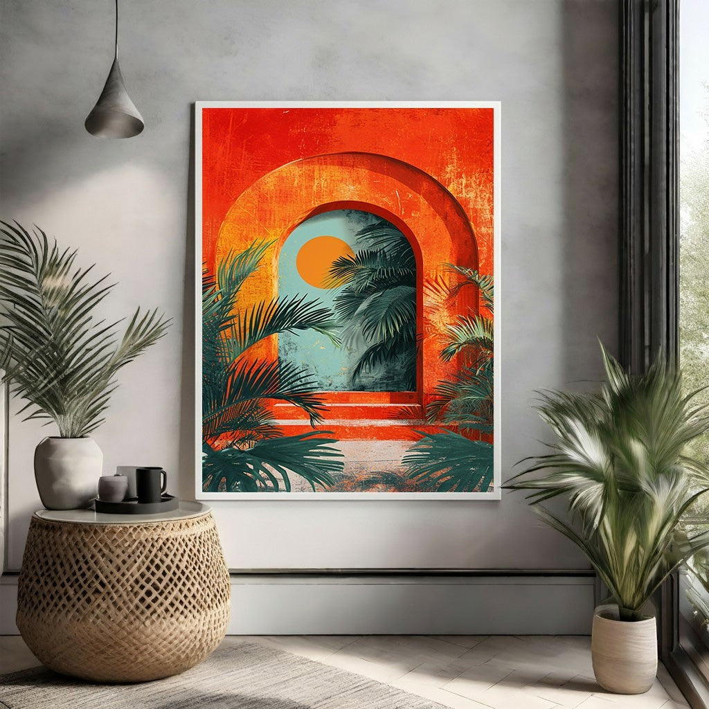 Wadi Home framed tropical archway art with palm fronds, orange arch, and a setting sun.