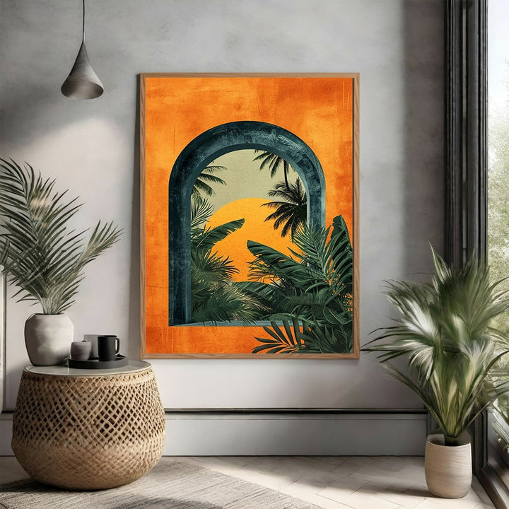Wadi Home tropical archway wall art with vibrant orange sunset, lush jungle, and palm trees.