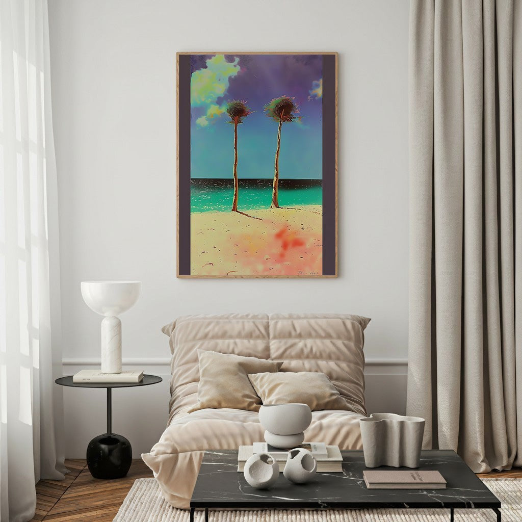 Wadi Home framed tropical beach landscape art with two palm trees, turquoise ocean, and sandy shore.