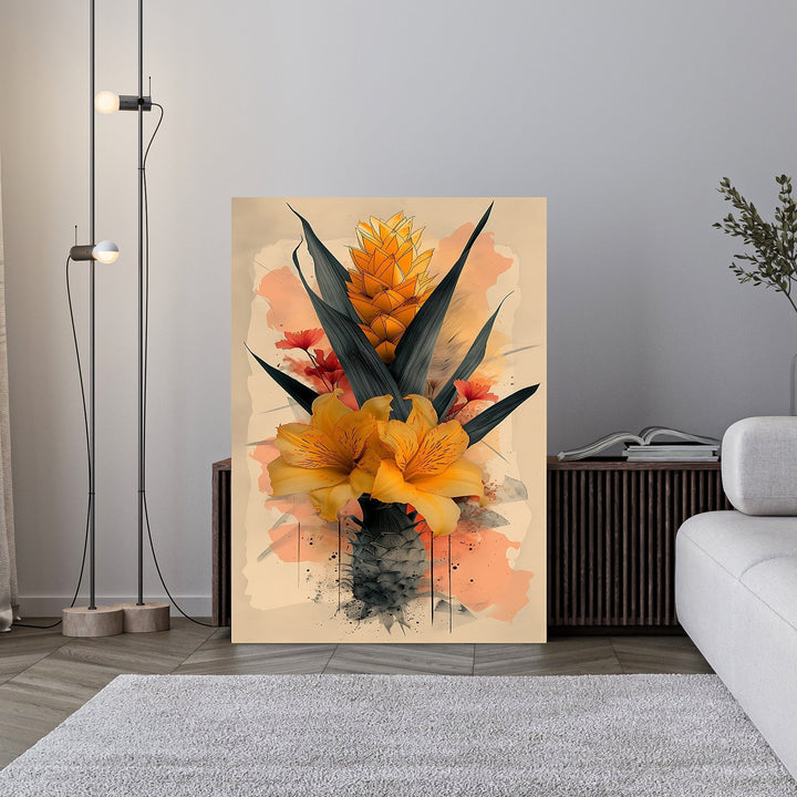 Wadi Home tropical floral arrangement wall art with golden lilies, pineapple bloom, green foliage, and coral accents in watercolor style.