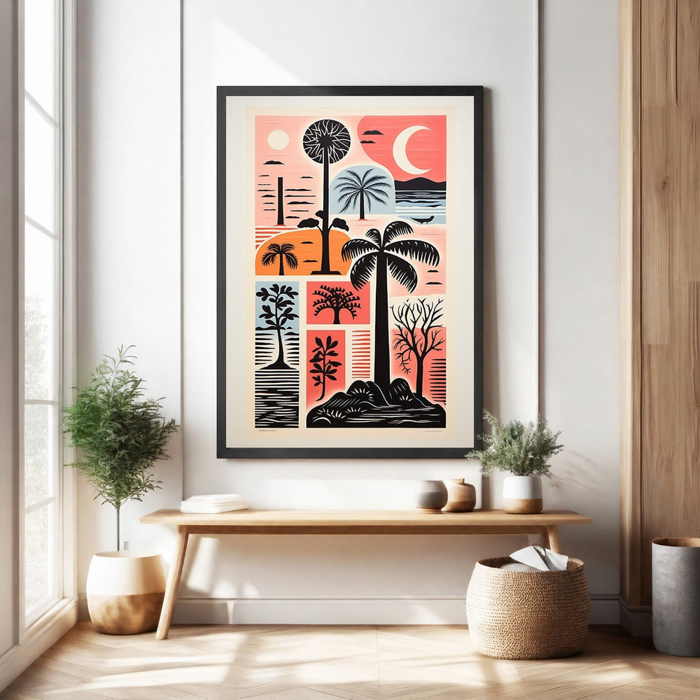 Wadi Home Tropical Landscape Collage Wall Art featuring palm trees, exotic flora, and a crescent moon in a sunset palette.