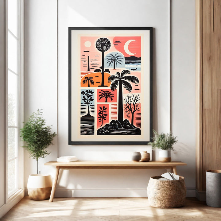 Wadi Home Tropical Landscape Collage Wall Art featuring palm trees, exotic flora, and a crescent moon in a sunset palette.