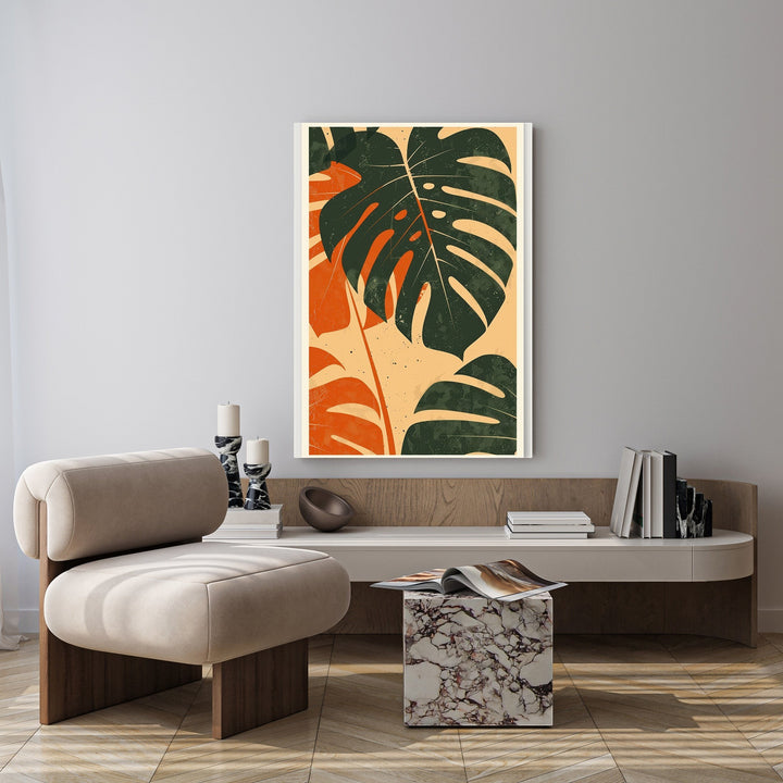 Wadi Home abstract Monstera leaf art in deep green and orange on a neutral background, modern botanical style.
