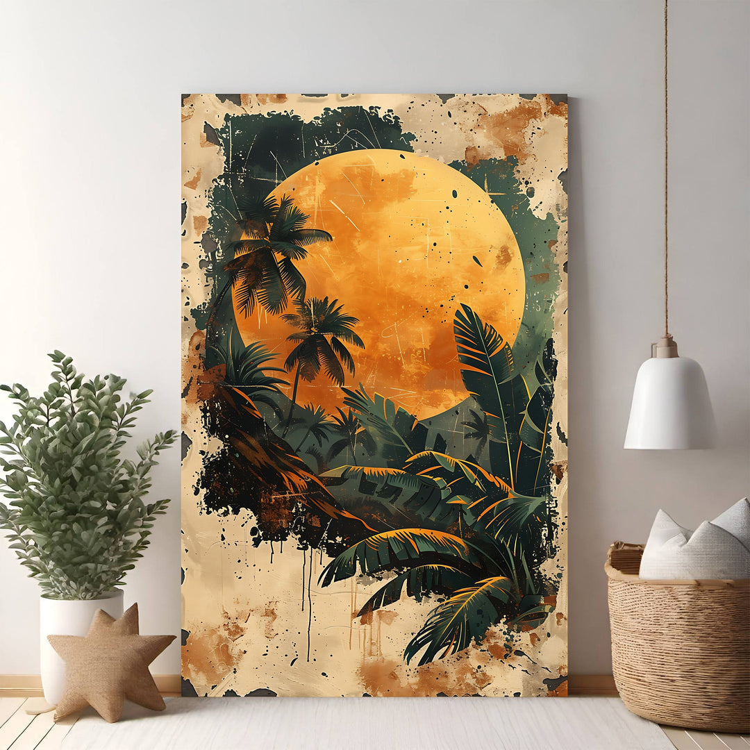 Wadi Home tropical jungle wall art with a large orange moon over silhouetted palm trees and lush foliage in a distressed painterly style.