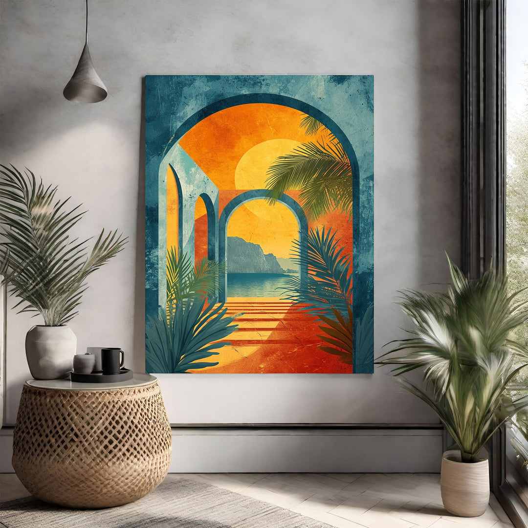Wadi Home Archway Tropical Sunset Wall Art featuring vibrant oranges, blues, and greens, with archways framing a coastal view and palm fronds.