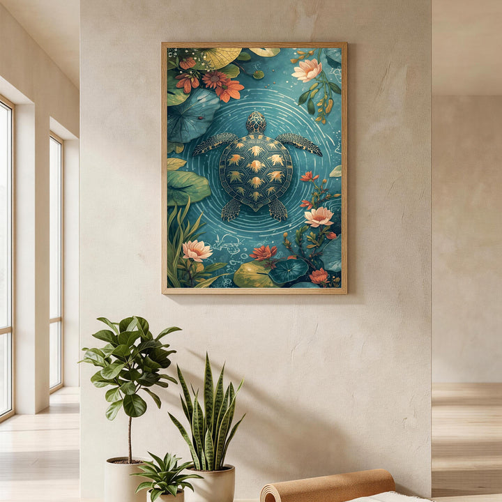 Wadi Home Serene Turtle Pond Floral Wall Art featuring a detailed turtle swimming among lotus flowers and greenery in blue water.