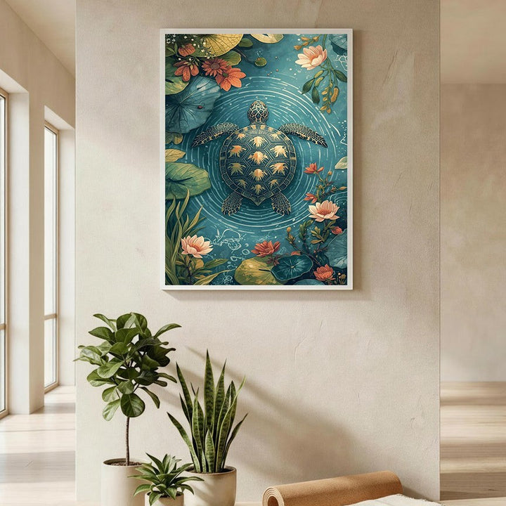 Wadi Home Serene Turtle Pond Floral Wall Art featuring a turtle swimming among lotus flowers and greenery in blue water.