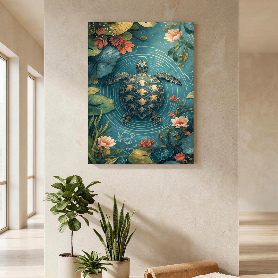 Wadi Home Serene Turtle Pond Floral Wall Art featuring a turtle swimming among lotus flowers and greenery in blue water.