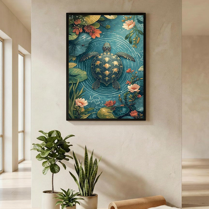 Wadi Home Serene Turtle Pond Floral Wall Art featuring a detailed turtle swimming among lotus flowers and greenery in blue water.