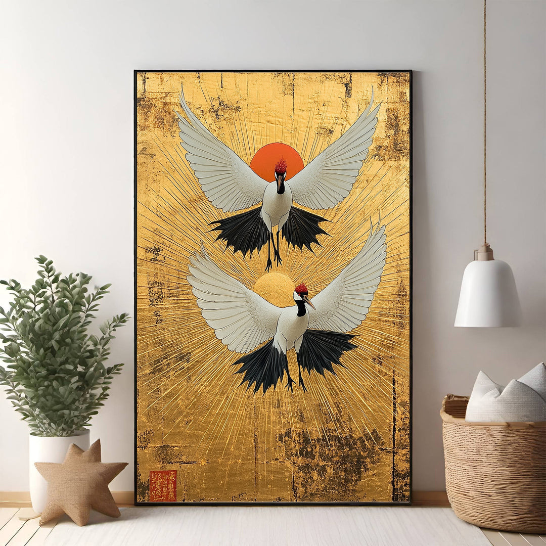 Wadi Home artwork of two white cranes with red crests flying against a golden sunburst background. Japanese-inspired wall art.