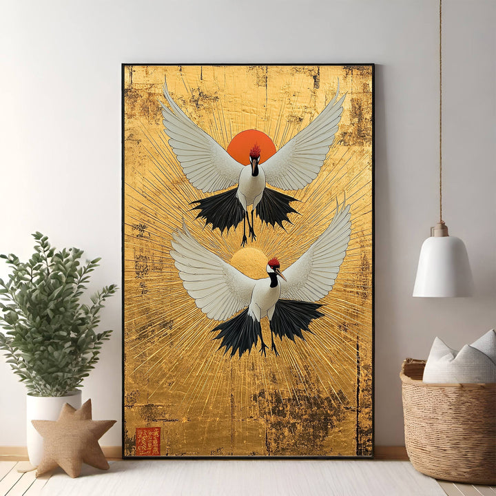Wadi Home artwork of two white cranes with red crests flying against a golden sunburst background. Japanese-inspired wall art.