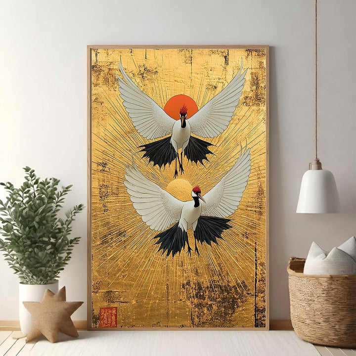 Wadi Home artwork featuring two white cranes with red crests flying against a golden sunburst background. Japanese-inspired wall art.