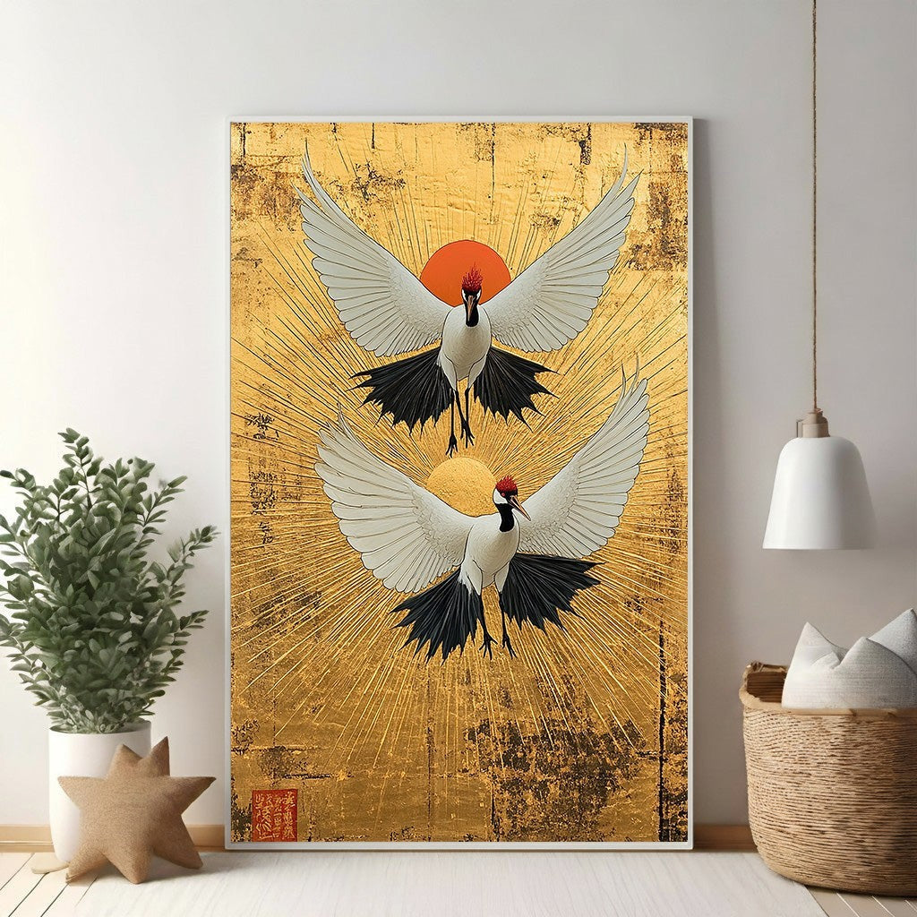 Wadi Home artwork of two white cranes with red crests flying against a radiant gold sunburst background. Japanese-inspired wall art.