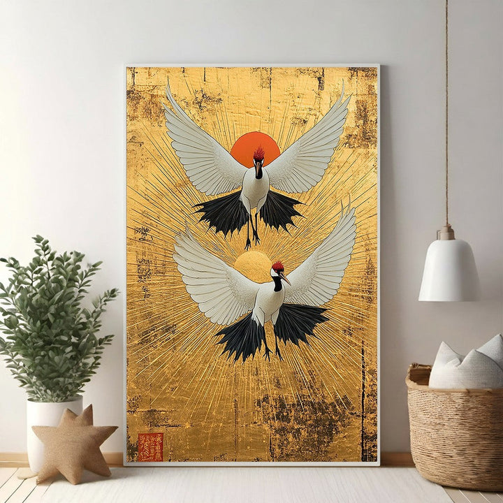 Wadi Home artwork of two white cranes with red crests flying against a radiant gold sunburst background. Japanese-inspired wall art.