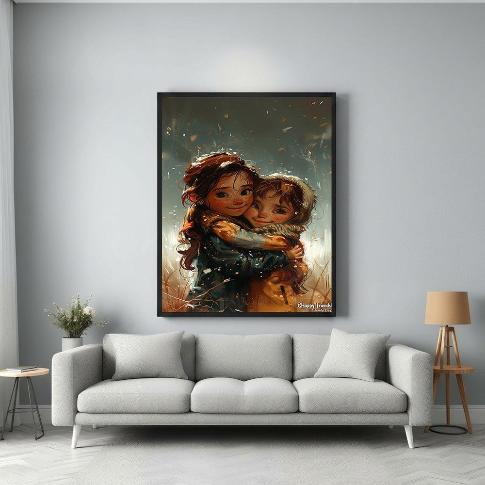 Wadi Home artwork of two girls hugging in a field, evoking warmth and friendship. Expressive style, vibrant colors.