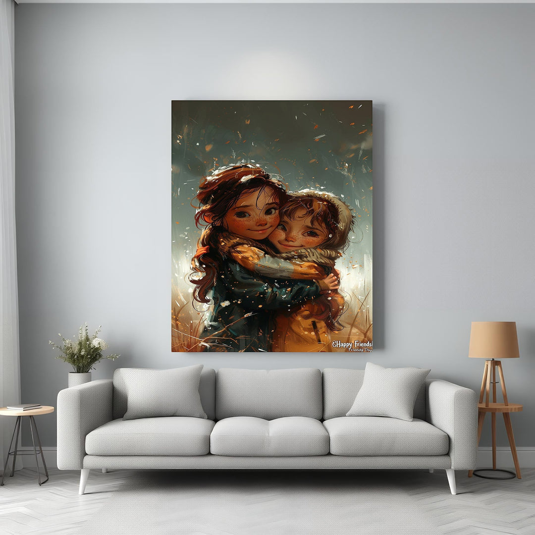 Wadi Home artwork of two young girls with brown hair embracing in a field, wearing warm jackets and scarves. Expressive style with warm colors.