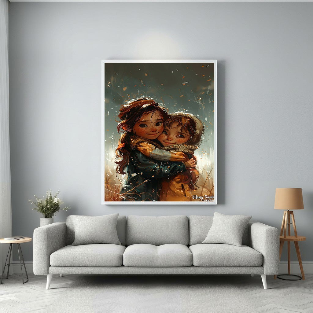 Wadi Home artwork of two girls hugging in a field, evoking warmth and friendship. Expressive style, vibrant colors.