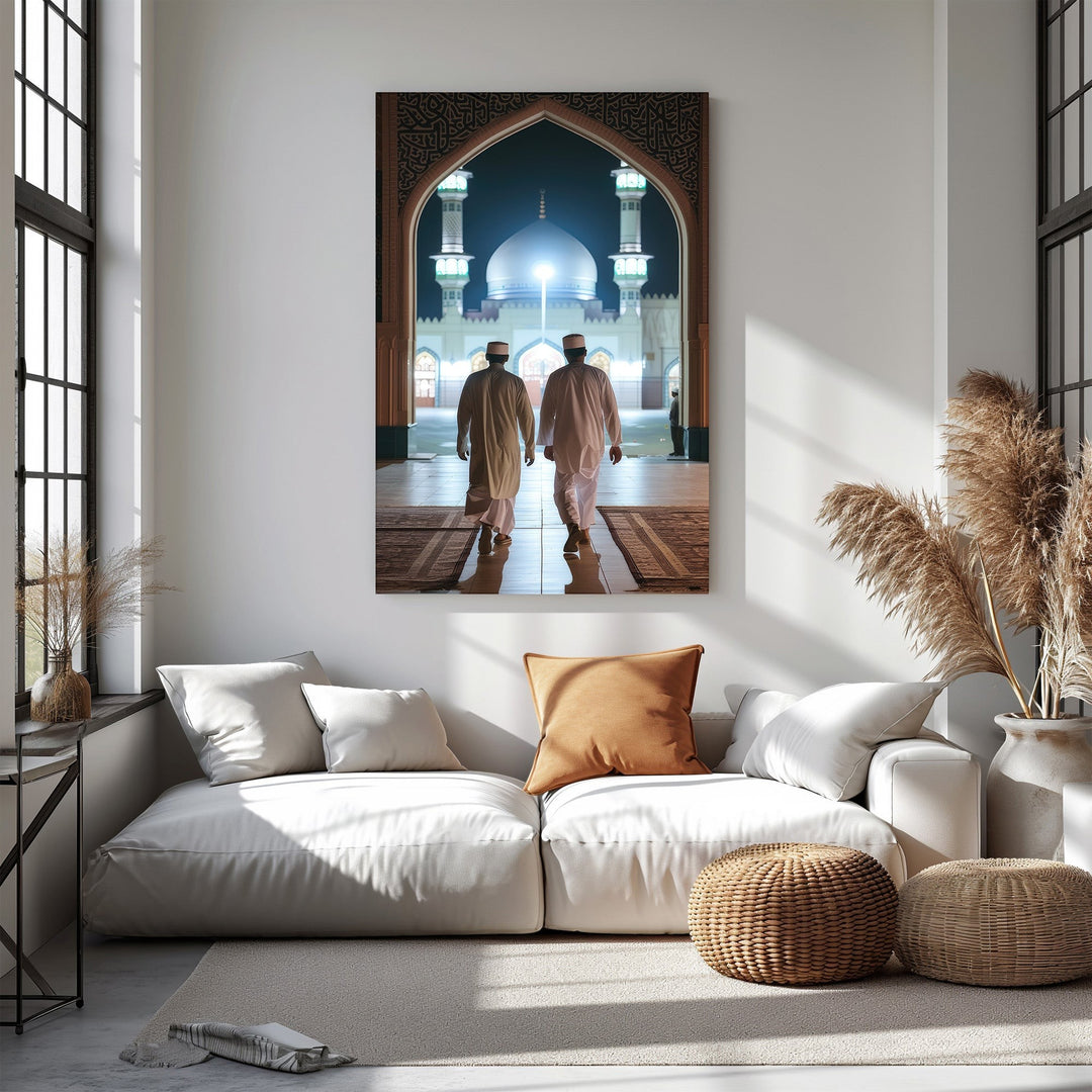 Wadi Home artwork: Two men in traditional attire walk towards a mosque at night through an ornate archway.