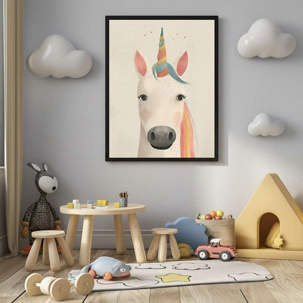 Wadi Home framed unicorn portrait art with rainbow mane and horn on a neutral background, perfect for a child's room.