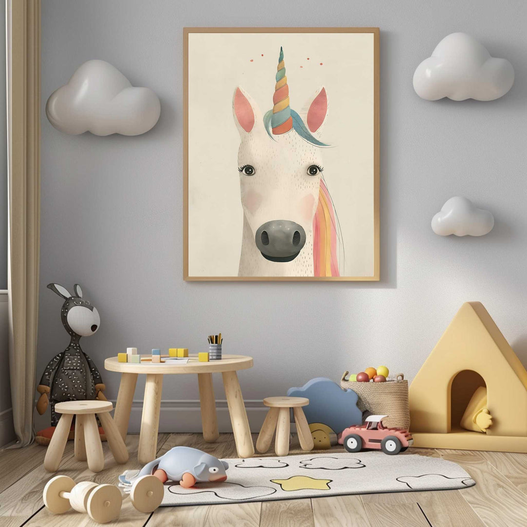 Wadi Home framed unicorn portrait wall art with rainbow mane and horn on a neutral background, perfect for a child's room.