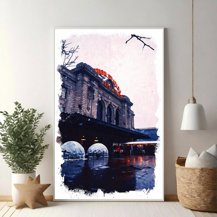Wadi Home Union Station winter scene art print with red signage, snowy sky, and reflective puddles on wet ground.