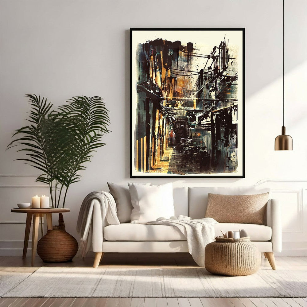 Wadi Home Urban Alleyway abstract wall art with dark tones and golden light, painterly style.