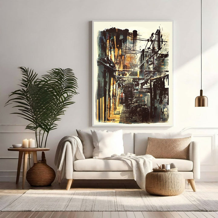 Wadi Home Urban Alleyway abstract wall art with dark tones and golden light, textured painterly style.