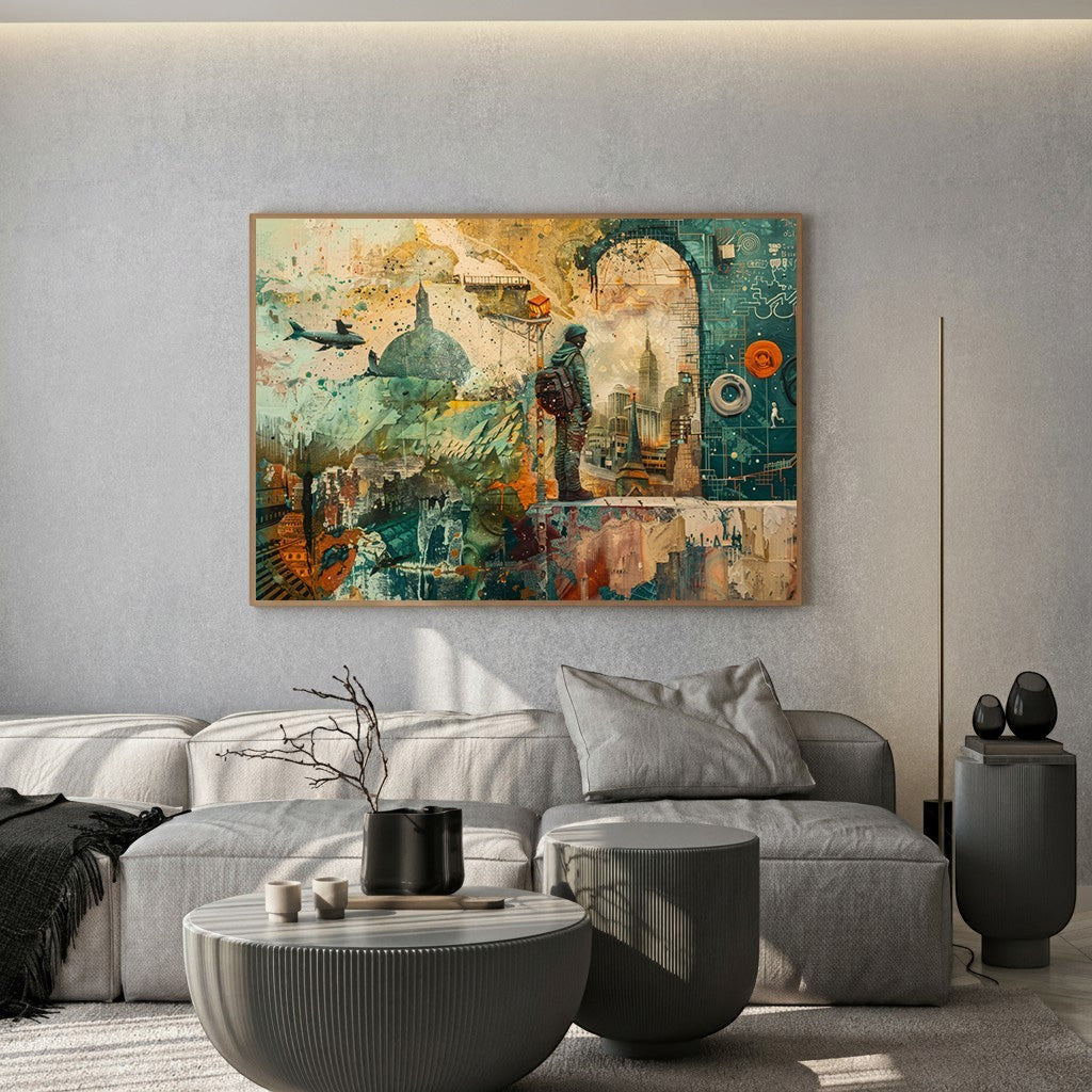 Wadi Home Urban Exploration mixed media wall art with a lone figure gazing at a cityscape, airplanes, and abstract elements in warm tones.