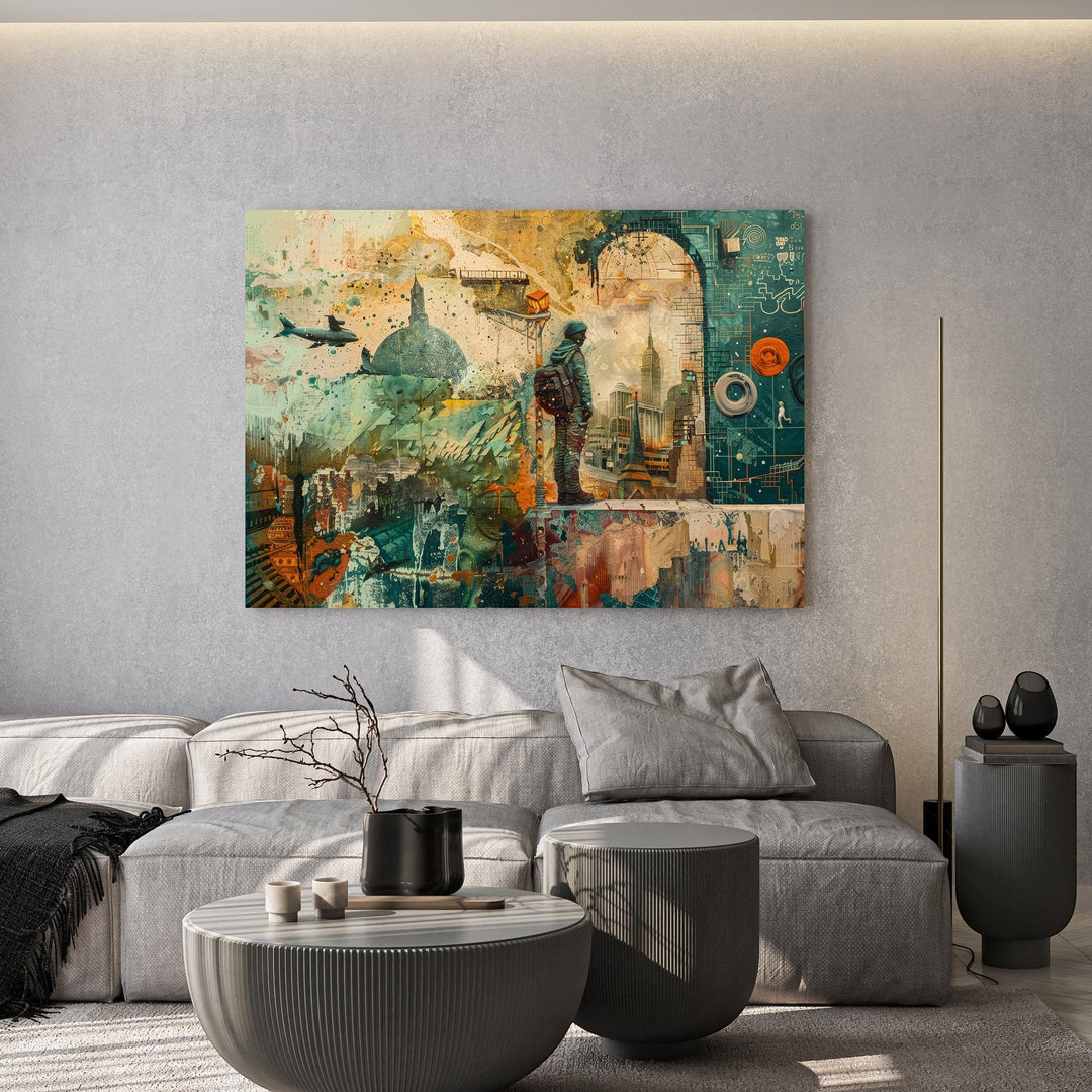 Wadi Home Urban Exploration mixed media wall art with a lone figure gazing at a cityscape, featuring abstract elements and vibrant colors.