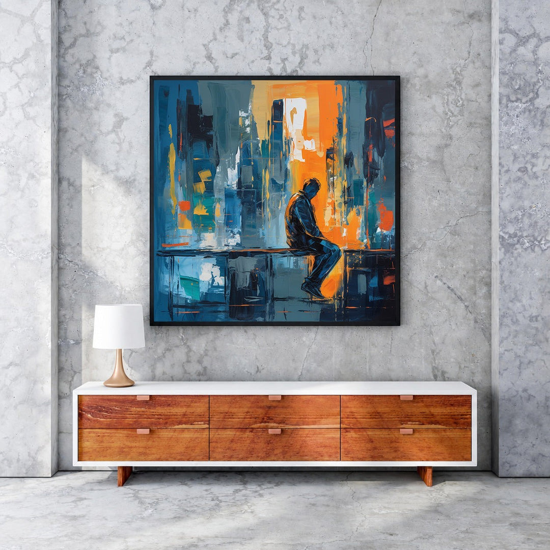 Wadi Home Urban Solitude abstract wall art, featuring a silhouetted figure against a vibrant cityscape in blues, oranges, and grays.