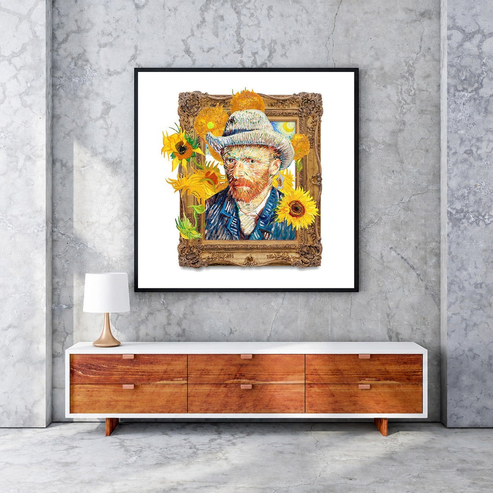 Wadi Home framed wall art of Vincent Van Gogh portrait surrounded by sunflowers, post-impressionist style, vibrant yellow and blue.
