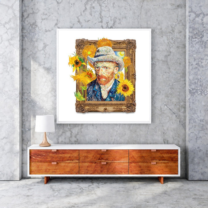 Wadi Home framed Vincent Van Gogh Sunflowers portrait wall art with sunflowers and ornate gold frame.