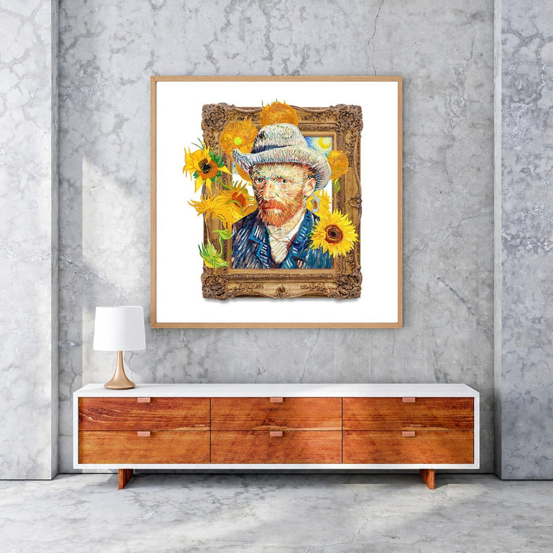 Wadi Home framed Vincent Van Gogh Sunflowers portrait wall art with iconic artist and vibrant yellow sunflowers.