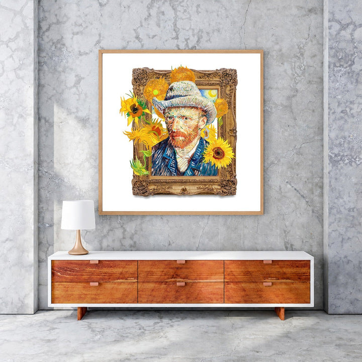 Wadi Home framed Vincent Van Gogh Sunflowers portrait wall art with iconic artist and vibrant yellow sunflowers.