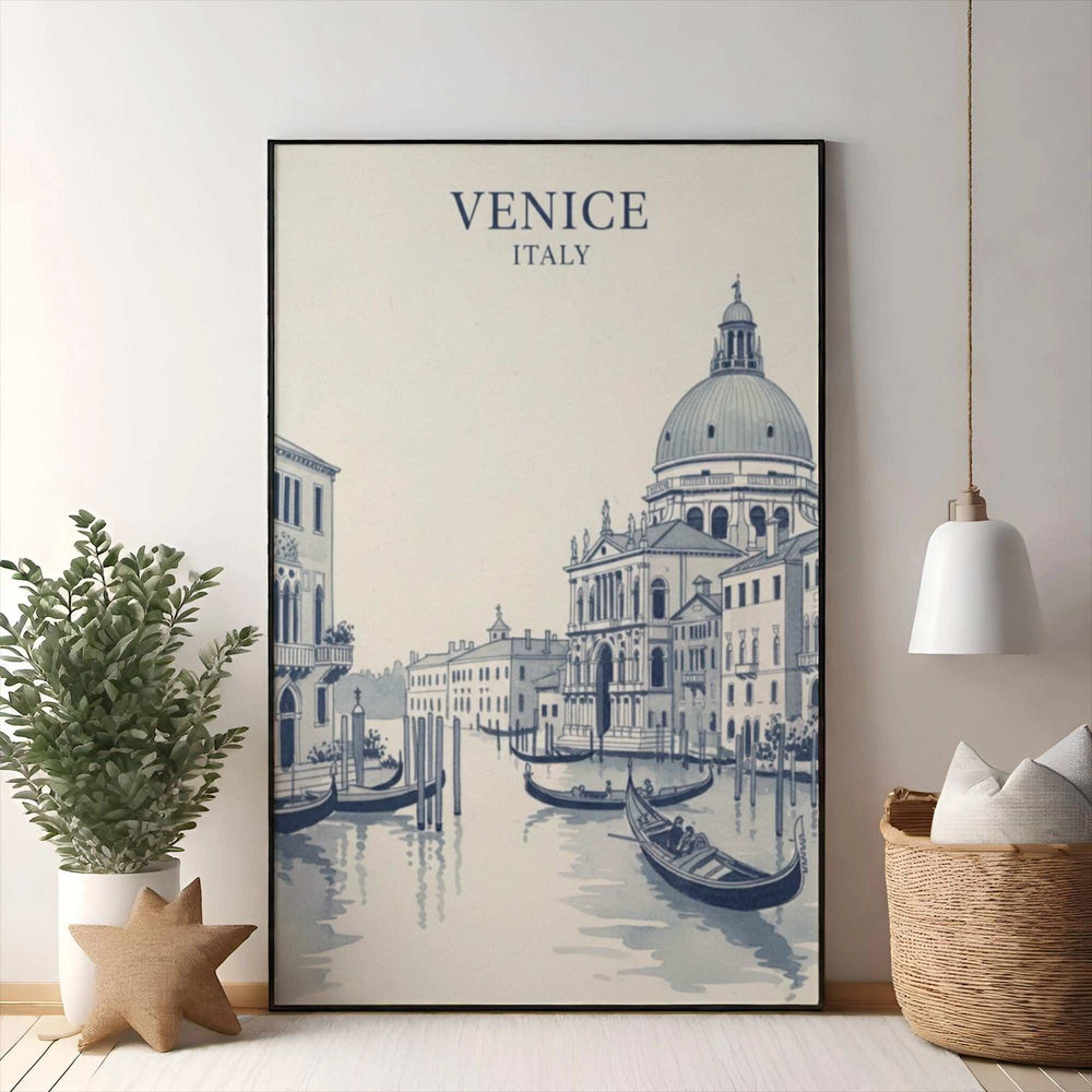 Wadi Home Venice Italy canal scene art print with gondolas and architecture in blue and white.