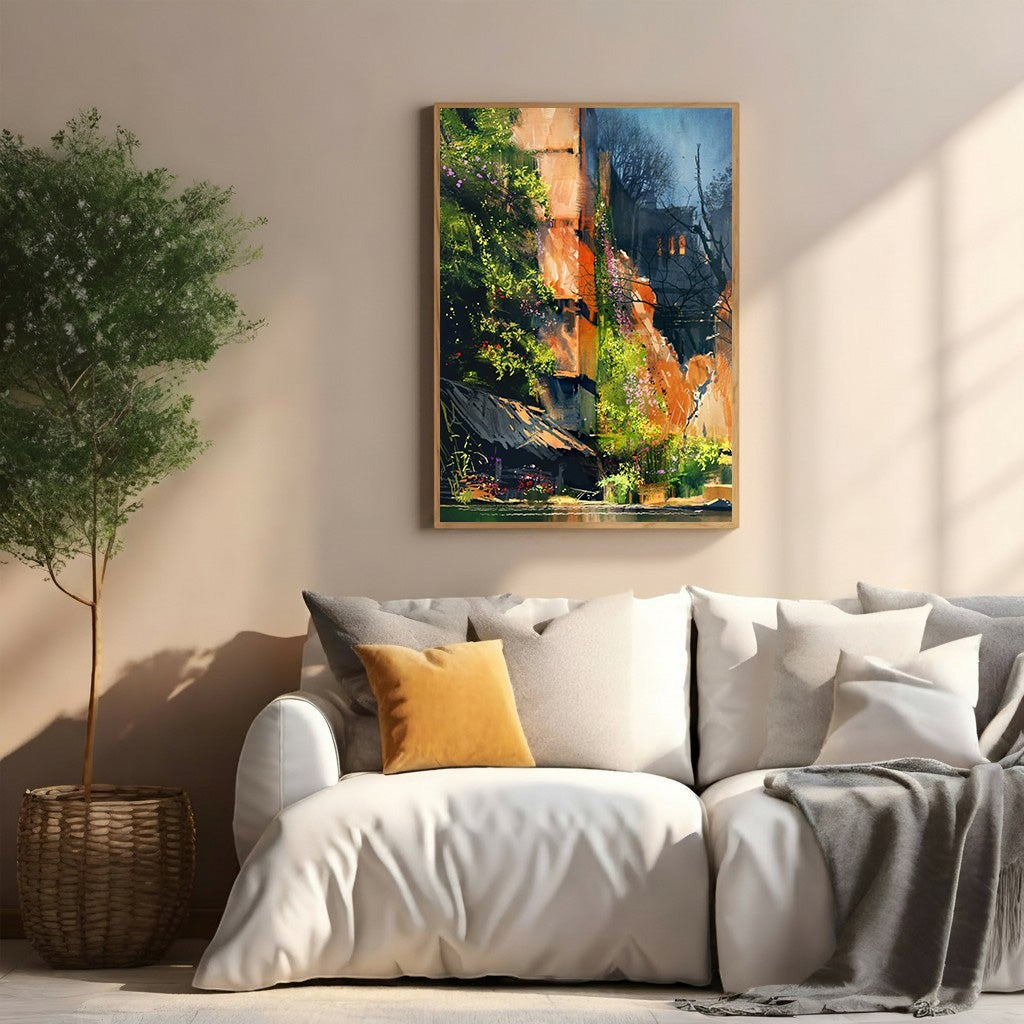 Wadi Home vibrant watercolor landscape painting with lush foliage, rustic dwelling, and water. Features greens, oranges, and blues.