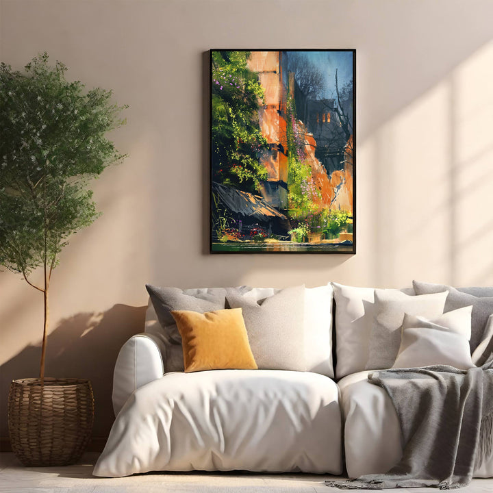 Wadi Home vibrant watercolor landscape painting with lush greenery, orange hues, and a rustic dwelling.