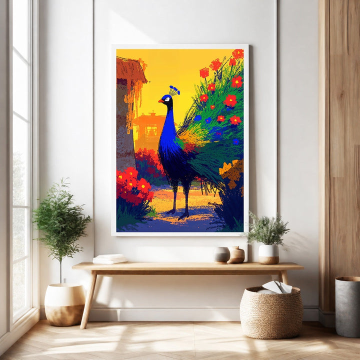 Wadi Home vibrant peacock wall art with colorful flowers and greenery, set against a yellow sky.