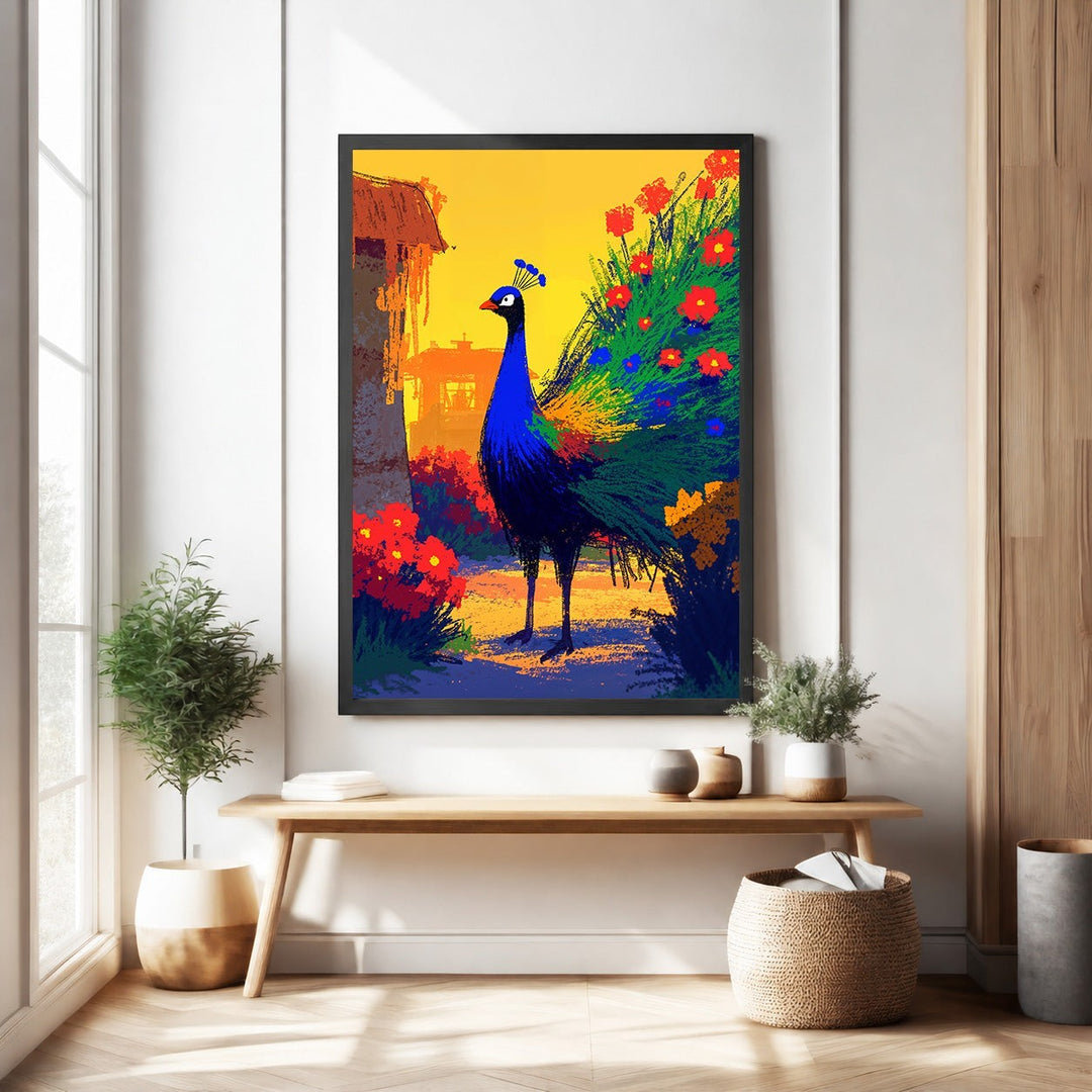 Wadi Home vibrant peacock wall art with colorful flowers and greenery. Features a majestic peacock in blues and greens.