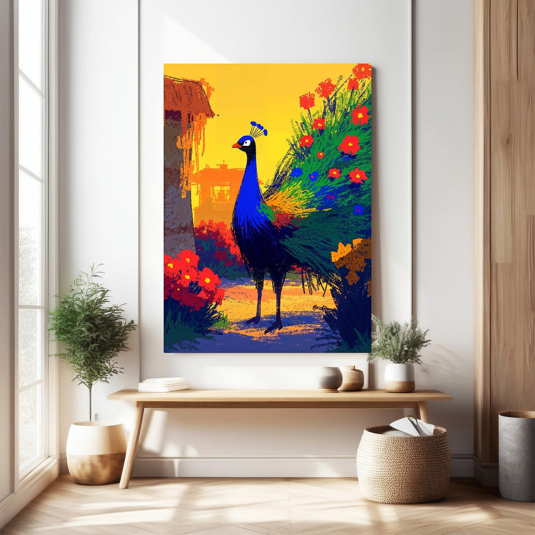 Wadi Home vibrant peacock wall art with colorful flowers and greenery, featuring blues, greens, and reds.