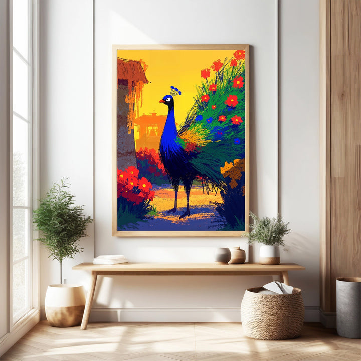 Wadi Home vibrant peacock wall art with colorful flowers and greenery. Features blues, greens, and reds.