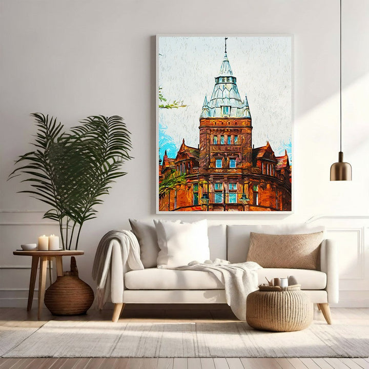 Wadi Home Victorian building impressionist wall art with warm earthy tones and intricate architecture.