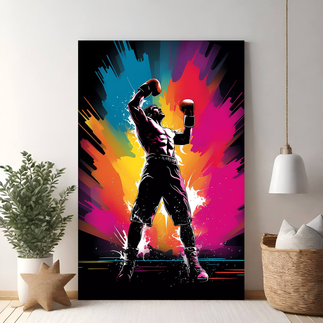 Wadi Home Victory Boxer abstract art print with vibrant blues, yellows, and pinks. Features a triumphant boxer in a dynamic pose.