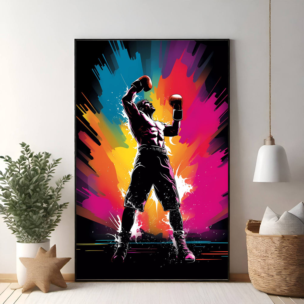 Wadi Home Victory Boxer abstract art print featuring a silhouetted boxer in a triumphant pose against a vibrant, explosive background of blues, yellows, and pinks.