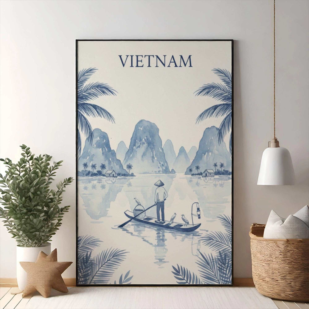 Wadi Home Vietnam landscape watercolor art print featuring a boatman on calm water with limestone karsts and palm trees.